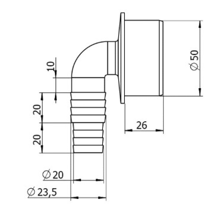 Переходник угловой (адаптер) "VIRPlast" d- 50 мм, для подключения сливного шланга