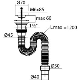 Сифон "Элит" для раковины (мойки) гофрированный, удлиненный с нержавеющей чашкой d- 70 мм  (1 1/2" х 50/40 мм) 