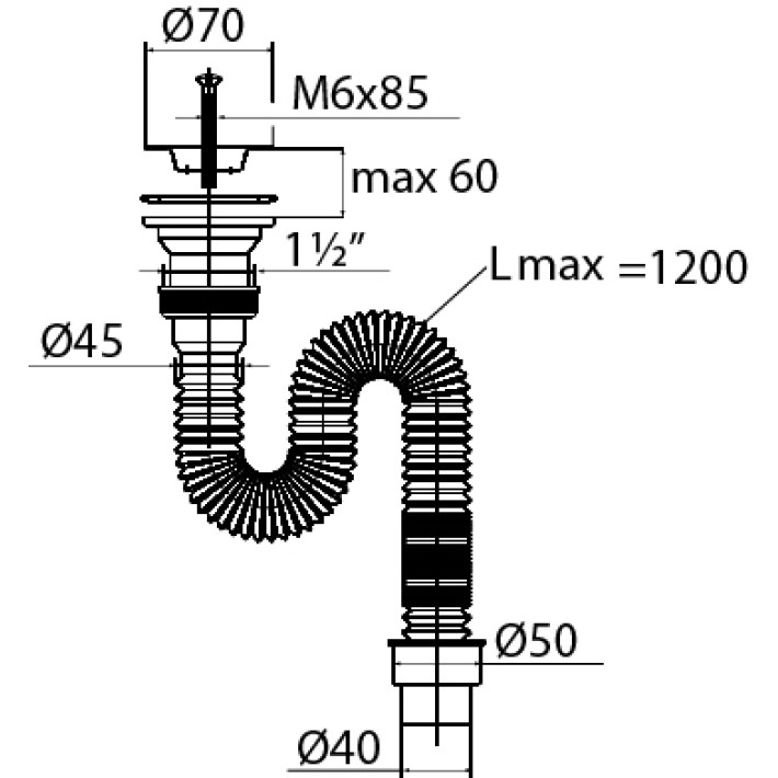 Сифон "Элит" для раковины (мойки) гофрированный, удлиненный с нержавеющей чашкой d- 70 мм  (1 1/2" х 50/40 мм) 