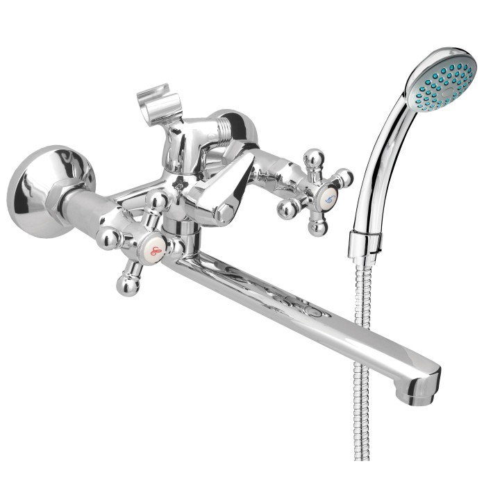 Смеситель для ванны "Cross C-1К" (Rubineta)  двухрычажный с длинным, плоским изливом и крестообразными ручками