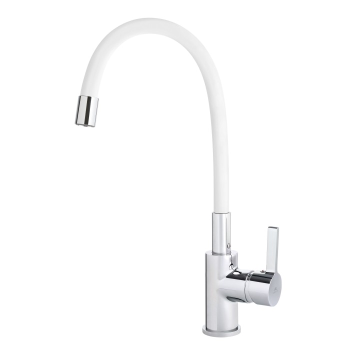 Смеситель для кухни "Flexy-33" (Rubineta) белый, однорычажный с гибким силиконовым изливом. 