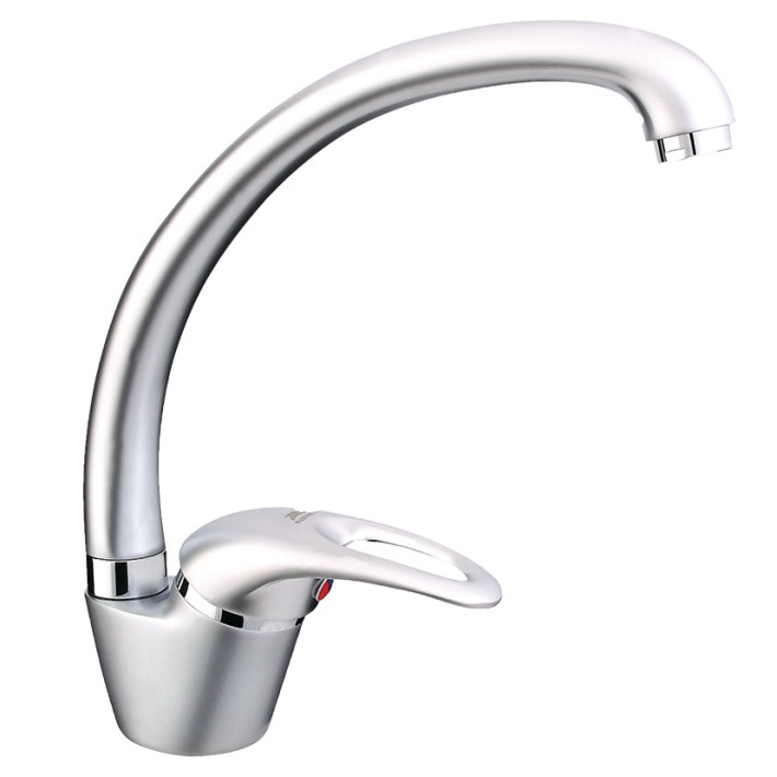 Смеситель для кухни "Mars Т -33"  (Rubineta) серебро, однорычажный с высоким изогнутым изливом 