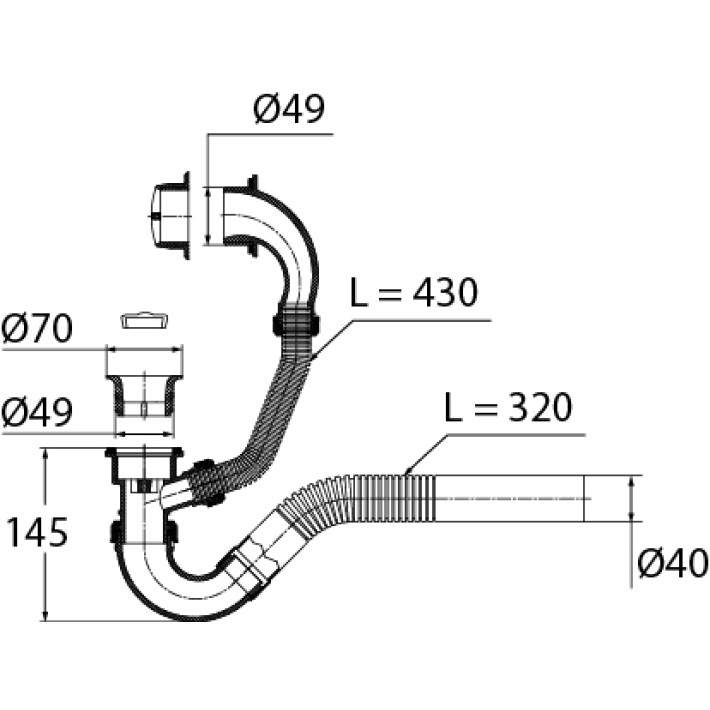 Сифон "Эконом" для ванны с пластиковой чашкой  d- 70 мм, с переливом и жесткой трубой  (1 1/2"х 40 мм)