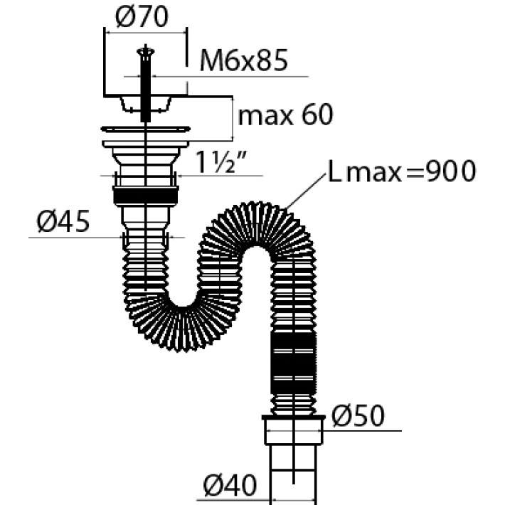 Сифон "Элит" для раковины (мойки) гофрированный с нержавеющей чашкой d- 70 мм  (1 1/2" х 50/40 мм) 