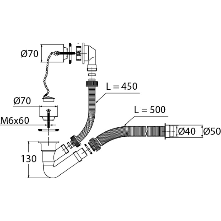Сифон "Элит" для ванны с нержавеющей чашкой  d- 70 мм, с переливом и гофротрубой  (1 1/2"х 50/40 мм)