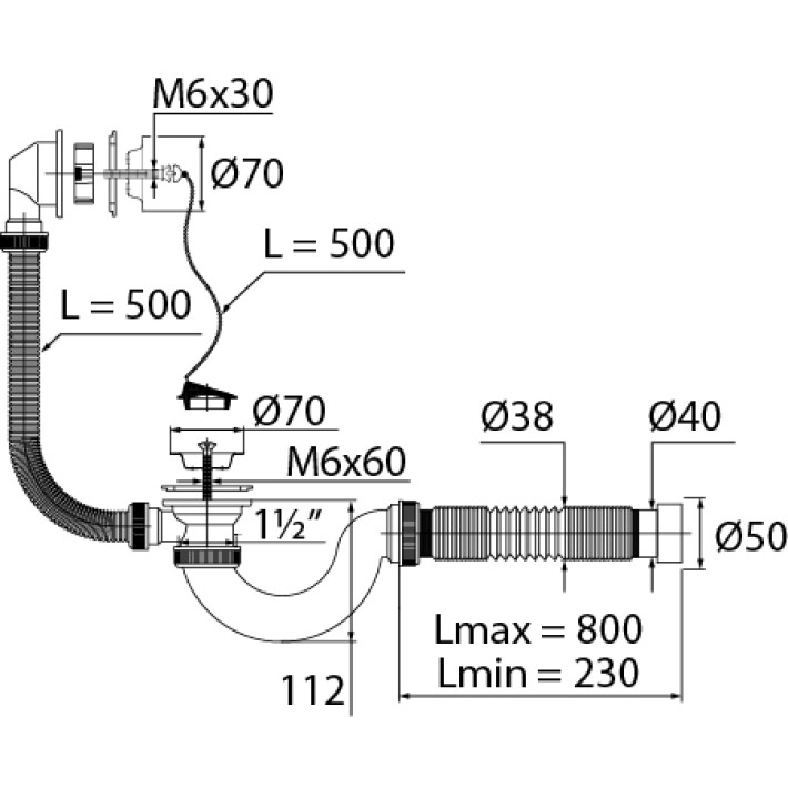 Сифон "Мини Элит" для ванны с нержавеющей чашкой  d- 70 мм, с переливом и гофротрубой  (1 1/2"х 40/50 мм)