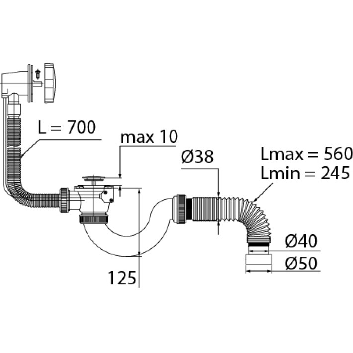 Сифон "Мини Элит"  с полуавтоматическим  сливом (клапан замак) с переливом и  гофротрубой (1 1/2"х  40/50 мм)