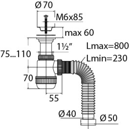 Сифон " Мини Элит" с  литым выпуском и нержавеющей чашкой d- 70 мм и гофротрубой  (1 1/2" х 40/50 мм) 