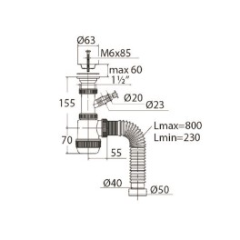 Сифон " Мини Элит" для раковины (мойки) с  нержавеющей чашкой d- 63 мм, отводом и гофротрубой  (1 1/2" х 40/50 мм) 
