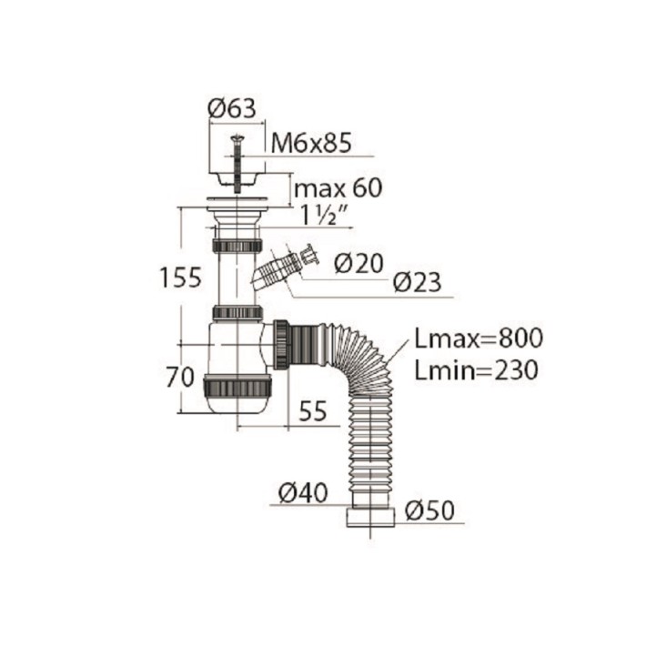Сифон " Мини Элит" для раковины (мойки) с  нержавеющей чашкой d- 63 мм, отводом и гофротрубой  (1 1/2" х 40/50 мм) 