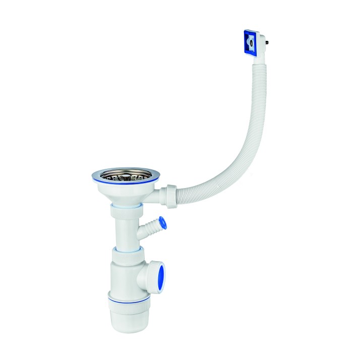 Сифон " Элит" для кухни с нержавеющей чашкой  d- 114 мм, отводом и прямоугольным переливом  ( 3 1/2" х 40 мм)