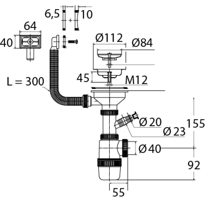 Сифон " Элит" для кухни с нержавеющей чашкой  d- 114 мм, отводом и прямоугольным переливом  ( 3 1/2" х 40 мм)