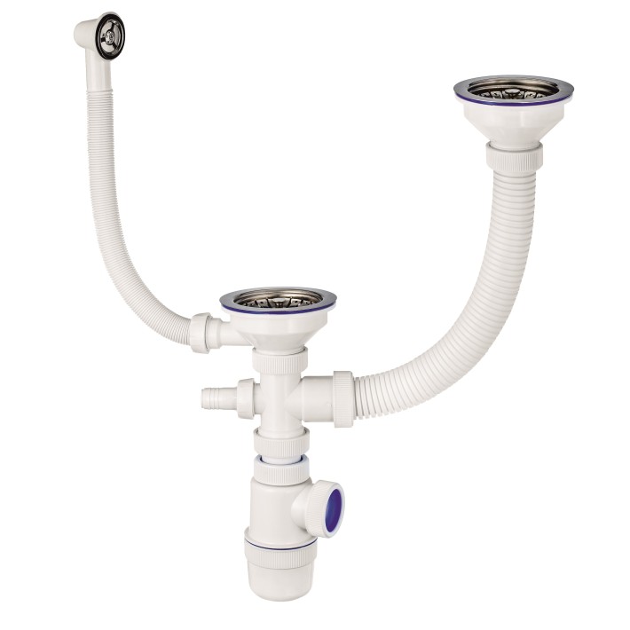 Сифон " Элит" для двойной разноуровневой мойки с нержавеющей чашкой  d- 114 мм, отводом и круглым переливом  ( 3 1/2" х 40 мм)