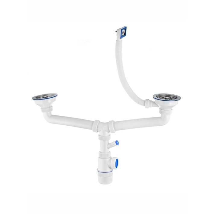 Сифон " Элит" для двойной мойки с нержавеющими чашками  d- 114 мм, отводом и прямоугольным переливом  ( 3 1/2" х 40 мм)