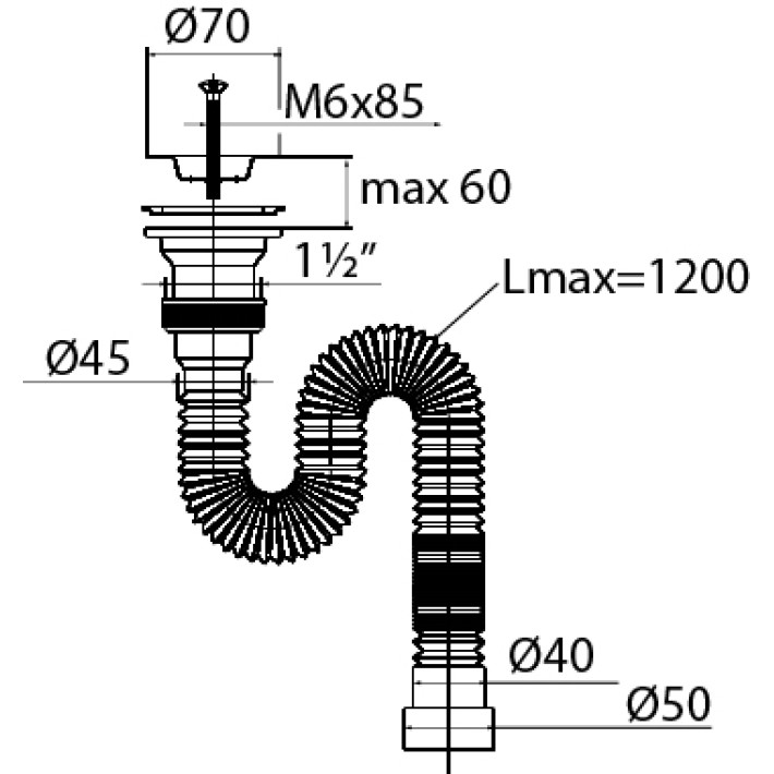 Сифон "Мини Элит" для раковины (мойки) гофрированный, удлиненный с нержавеющей чашкой d- 70 мм  (1 1/2" х 40/50 мм) 