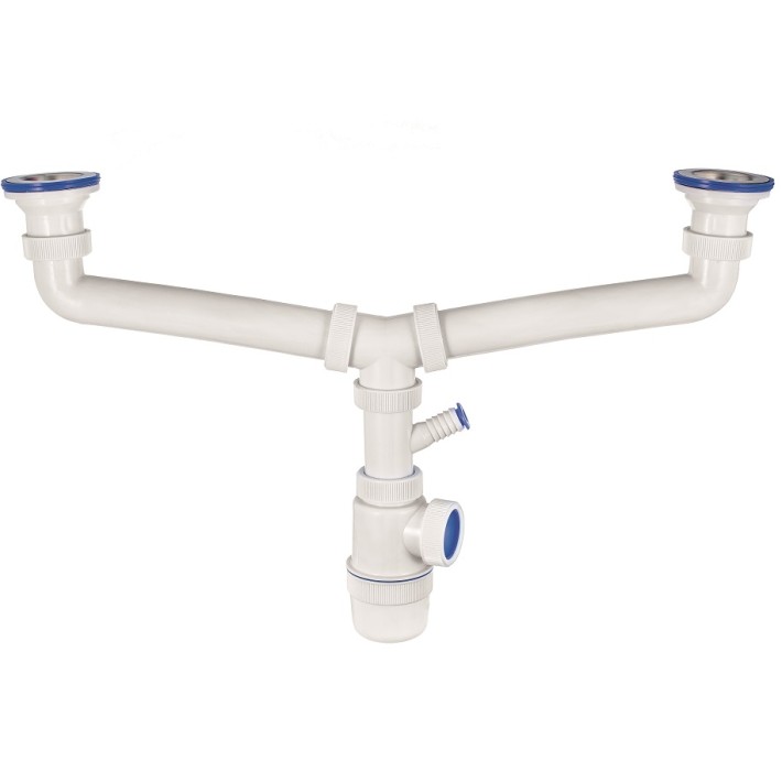 Сифон " Элит" для двойной мойки с нержавеющими чашками  d- 70 мм, отводом для стиральной машины  ( 1 1/2" х 40 мм)