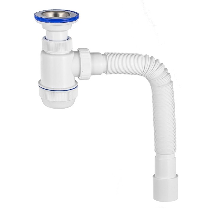 Сифон " Мини Элит" с  литым выпуском и нержавеющей чашкой d- 70 мм и гофротрубой  (1 1/2" х 40/50 мм) 